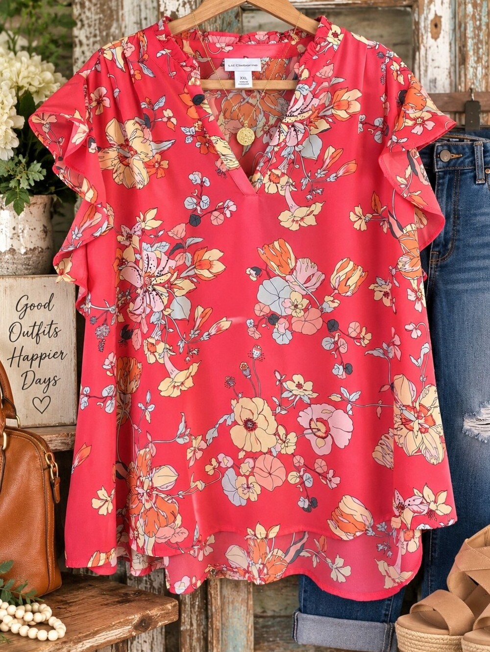 Liz Claiborne XXL Coral Floral Flutter Sleeve V-Neck Blouse